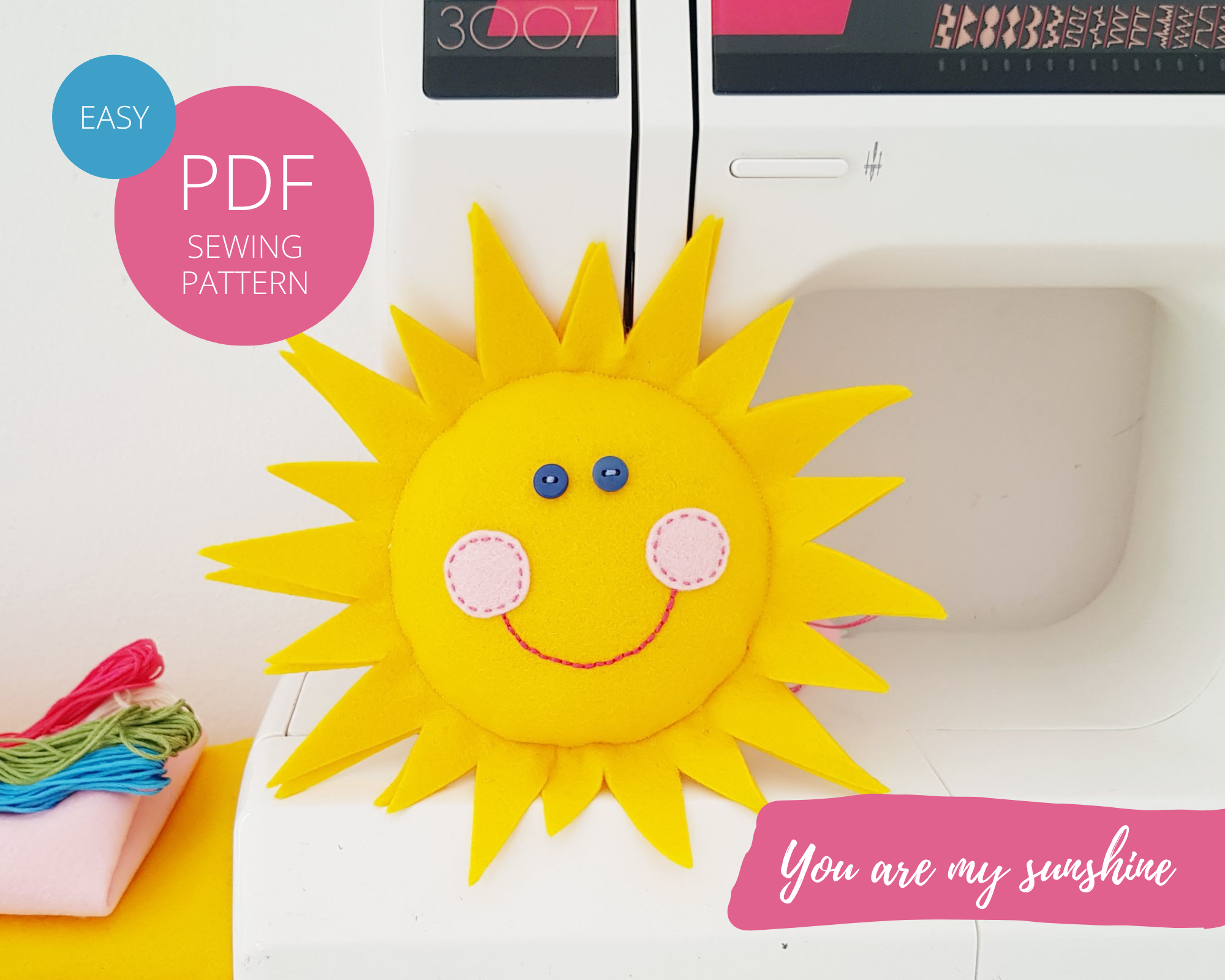 Sun pillow with a smiley face - easy sewing & embroidery DIY project for kids and beginners