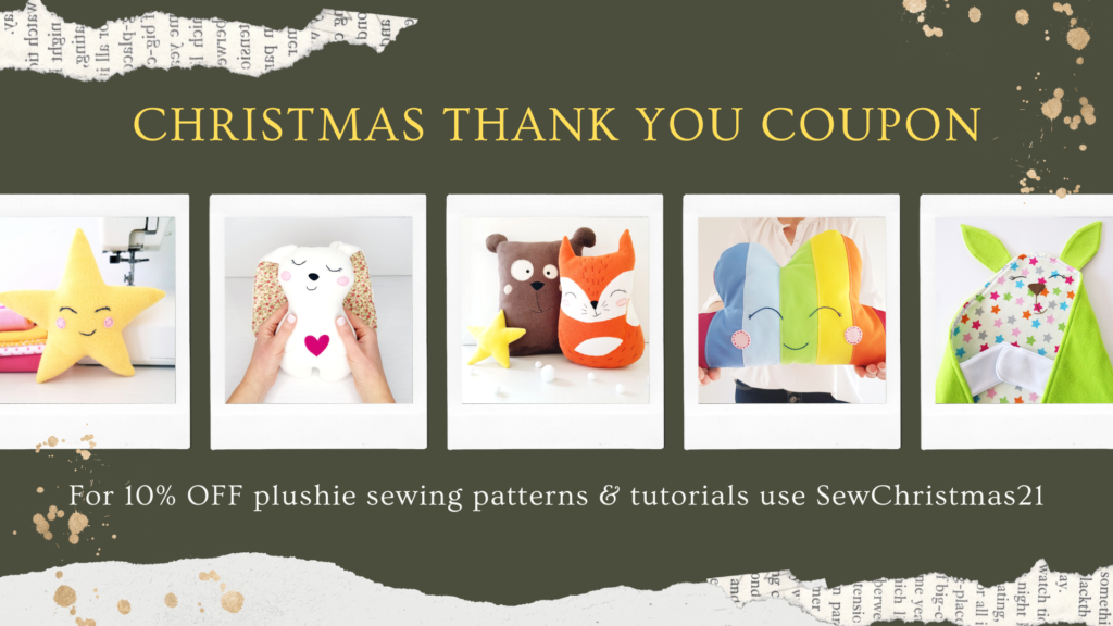 Christmas 10% off coupon for easy soft toy sewing patterns and tutorials