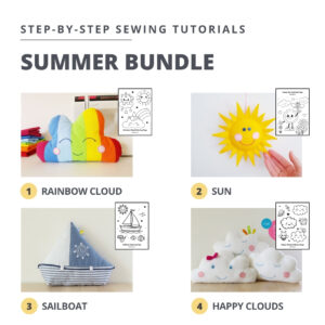 EASY SUMMER SEWING PATTERN BUNDLE FOR BEGINNERS: RAINBOW CLOUD, SAILBOAT, SUN + COLORING PAGES